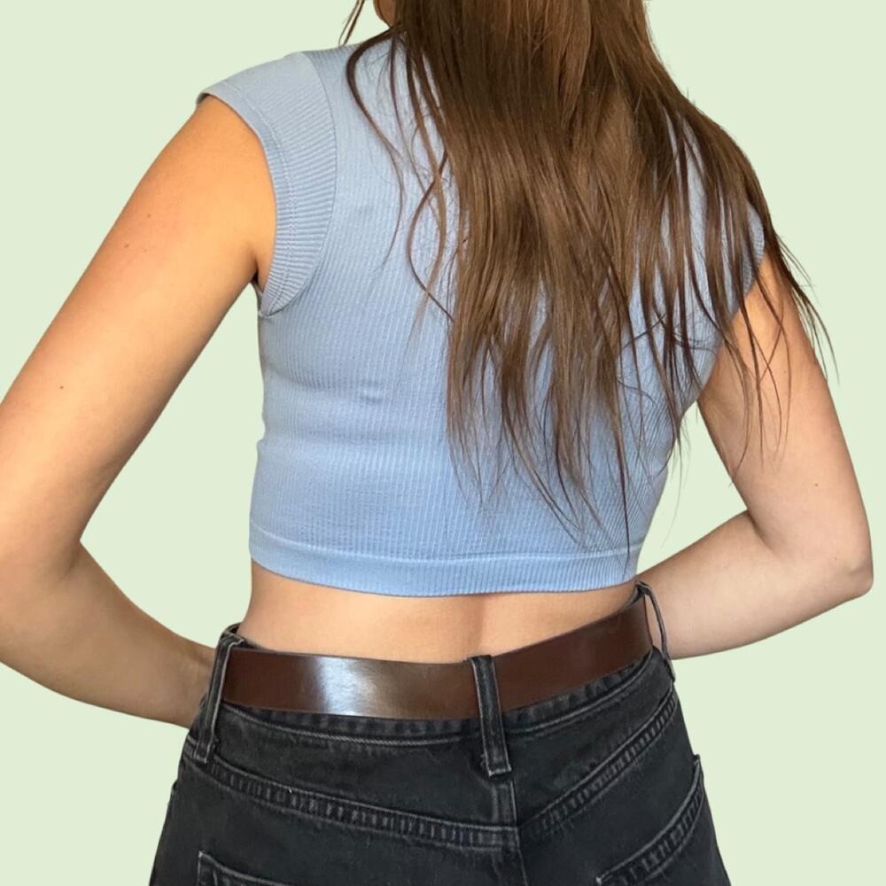 Out From Under Blue Ribbed Crop Top Y2K Contrast Trim Fitted Short Sleeve XS/S - Picture 2 of 6